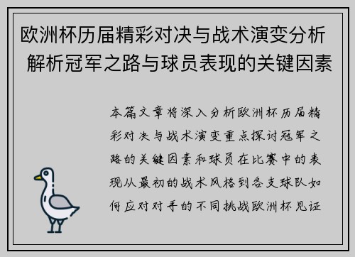 欧洲杯历届精彩对决与战术演变分析 解析冠军之路与球员表现的关键因素