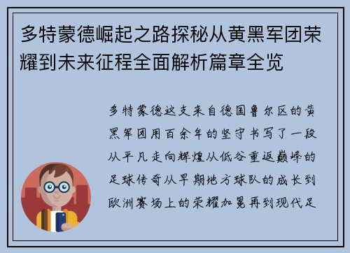 多特蒙德崛起之路探秘从黄黑军团荣耀到未来征程全面解析篇章全览