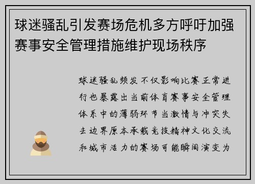 球迷骚乱引发赛场危机多方呼吁加强赛事安全管理措施维护现场秩序